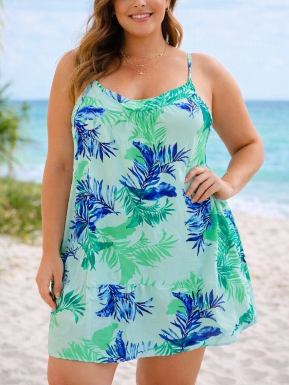Joyspun Aqua Tropical Palm Print Slip Dress XL (16/18) Vacation Resort Sundress